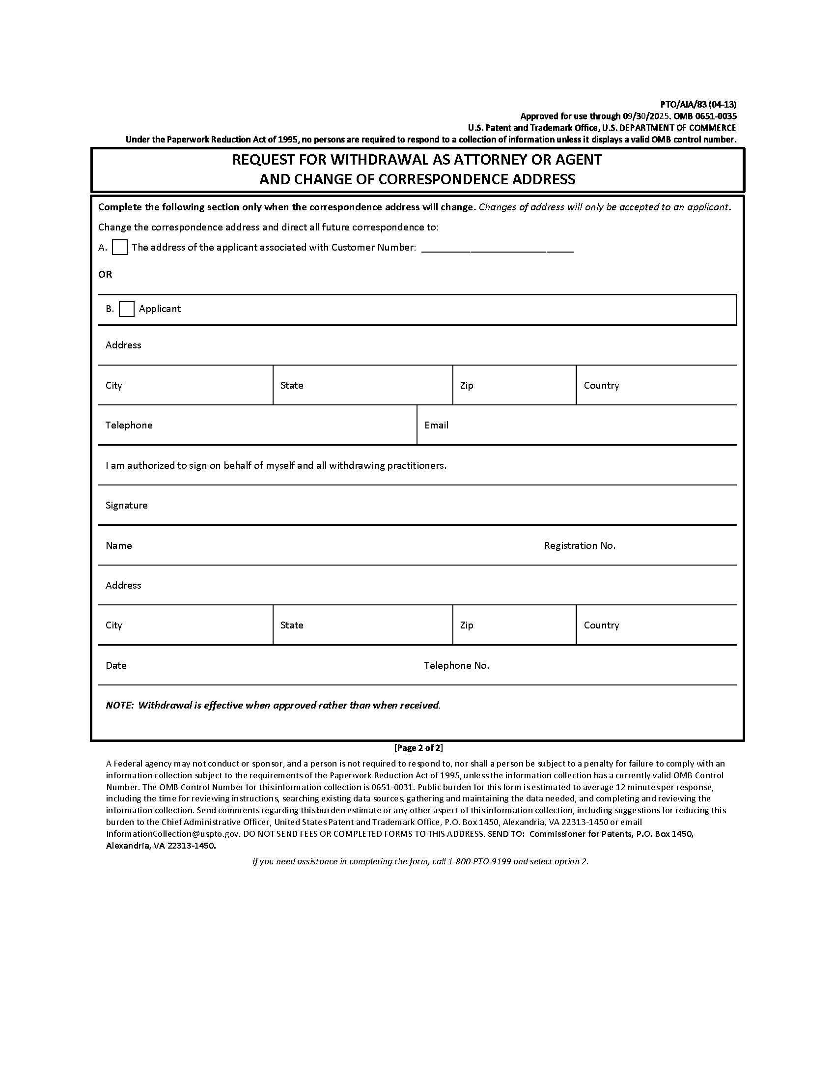 Form PTO/SB/83 Request for Withdrawl as Attorney or Agent And Chagne of Correspondence Address